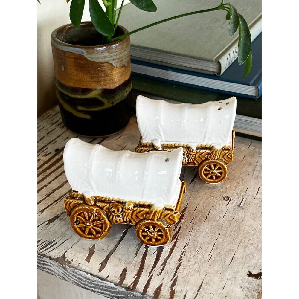 Vintage White & Gold Pioneer Wagon Salt & Pepper Shakers